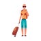 Young bald man in sunglasses and havaii shirt with suitcase