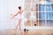 Young ballerina standing on pointe in a ballet tutu in beautiful white hall i with her back to viewer next to little chihuahua dog