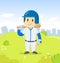 Young baseball player character standing in the city park. Sport and fitness. Cartoon vector flat illustration.