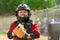 Young baseball player wearing catcher gear