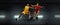 Young basketball players in competitive fight, motion in flight on black background, look from the bottom. Concept of