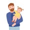 Young Bearded Father Holding His Daughter in Arms Embracing Vector Illustration