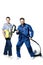 Young bearded handsome guy and a girl in a uniform of cleaners are isolated on a white background. In the hands of a bucket with