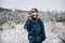 Young Bearded Hiker in Mirrored Sunglasses on Forest Edge