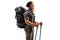 Young bearded man with a backpack and hiking poles