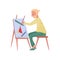 Young bearded man sitting on chair painting on canvas. Professional painter. Talented artist. Flat vector illustration