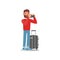 Young bearded man standing with luggage. Tourist taking pictures with his photo camera. Flat vector illustration