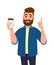 Young bearded trendy man holding a coffee cup and pointing up index finger. Male character design illustration. Modern lifestyle.