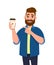 Young bearded trendy man holding a coffee cup and showing or pointing index finger. Male character design illustration.