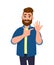 Young bearded trendy man showing wedding ring and pointing hand finger. Male character design illustration. Modern lifestyle.