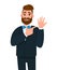 Young bearded trendy man showing wedding ring and pointing hand finger. Male character design illustration. Modern lifestyle.