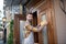 Young bearded waiter in grey apron hanging open sign on the door, smiling