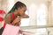 Young beautiful African American girl at buying shopping mall - lifestyle portrait of millennial black girl thoughtful and tired