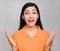 Young beautiful asian woman,long black hair, wore orange t shirt,Showing distrust,suspicious, skeptical, sceptical,Surprise on