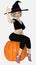 Young beautiful blond female witch seated on top of a big orange pumpkin on an isolated white background