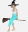 Young beautiful blond female witch sitting on a broomstick flying on an isolated white background