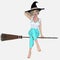 Young beautiful blond female witch sitting on a broomstick with her legs crossed on an isolated white background