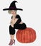 Young beautiful blond female witch sitting on a pumpkin on an isolated white background