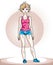 Young beautiful blonde slim woman adult standing. Vector illustration of nice lady wearing shorts and pink T-shirt. Work out and