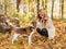 Young beautiful blonde walking with dog in the autumn park.