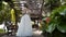 Young beautiful bride stand in white dress in garden. Action. Rear view of young bride in delicate white dress standing