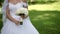 Young beautiful bride in wedding white dress with bouquet of white roses staying in a park at summer day