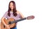 Young beautiful chinese girl playing classical guitar pointing finger to one self smiling happy and proud