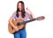 Young beautiful chinese girl playing classical guitar screaming proud, celebrating victory and success very excited with raised