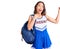 Young beautiful chinese girl wearing cheerleader uniform holding student backpack screaming proud, celebrating victory and success