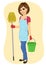 Young beautiful cleaning maid woman with bucket and mop smiling