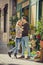 Young beautiful couple in love kissing on street celebrating Valentines day with rose gift