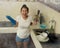 Young beautiful frustrated and upset Asian woman in domestic chores stress - cute overwhelmed and stressed Chinese girl washing