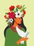 A young beautiful girl in a flower wreath on her head and national beads holds a white dove