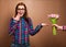 Young beautiful girl gives a bouquet of tulips man