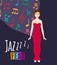 Young beautiful girl sings jazz song vector illustration. Jazz singer and festival poster with dark blue background and