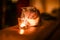 Young beautiful gray cat near burning candle in darkness. Home cosy concept.