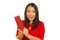 Young beautiful and happy Asian woman in traditional Chinese New Year red dress receiving red pocket envelope with money enjoying