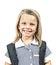 Young beautiful and happy child girl 6 to 8 years old blond hair and blue eyes smiling excited wearing school uniform and backpack