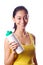 Young beautiful holding sport water bottle