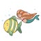 Young beautiful little mermaid swims with big striped fish.