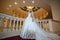 Young beautiful luxurious woman in wedding dress posing in luxurious interior. Bride with huge wedding dress in majestic manor