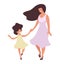 Young beautiful mother walks with her little daughter. A woman and a girl in dresses smile and dance. Flat cartoon