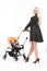 Young beautiful mum with baby in stroller. beautiful blond strolling toddler and smiling