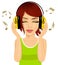 Young beautiful red haired woman enjoying the music with headphones