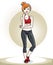 Young beautiful redhead athletic woman posing. Vector illustration of attractive female wearing leggings and short shirt. Active