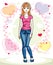 Young beautiful redhead woman posing on bright background with loving hearts and wearing casual clothes. Vector attractive female