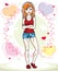 Young beautiful redhead woman posing on bright background with loving hearts and wearing casual clothes. Vector attractive female