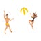 Young beautiful smiling couple in swimsuits play beach ball.