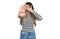 Young beautiful teen girl wearing casual clothes and glasses covering eyes with hands and doing stop gesture with sad and fear