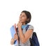 Young beautiful and trendy latin student girl holding notepad folder and book carrying backpack thinking happy